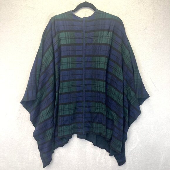 NWT Izod Poncho Sweater Womens XXL Blue Green Plaid Peacoat Wrap 2XL Cape - Picture 2 of 14